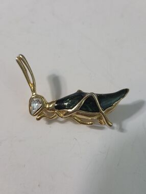 swarovski Gold-Tone Grasshopper Brooch pin with Green Enamel and Clear Stone